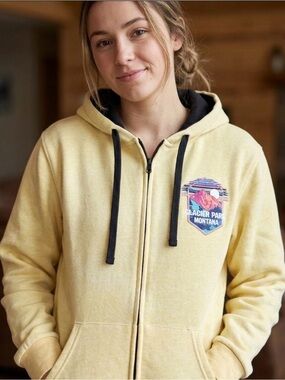 Glacier Park Montana Yellow Medium Hoodie‎ Zip Up Sweatshirt W/ Graphic EUC